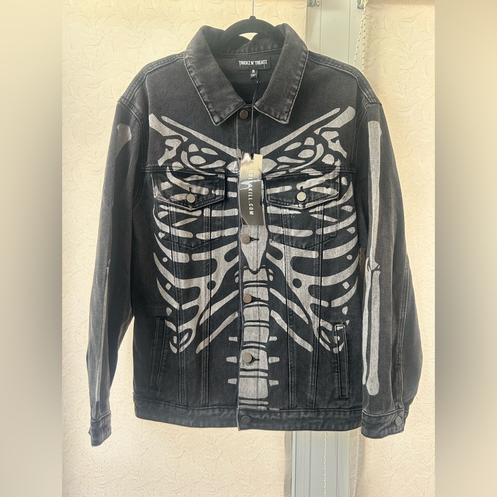 Dolls Kill Trickz N Treatz Skeleton Print Denim Jacket